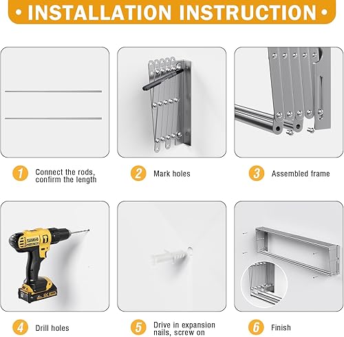 Miniatura 7 de TECHMILLY Estante de secado de ropa montado en la pared, 7 varillas, estante de secado retráctil, plegable, ahorro de espacio para interiores y