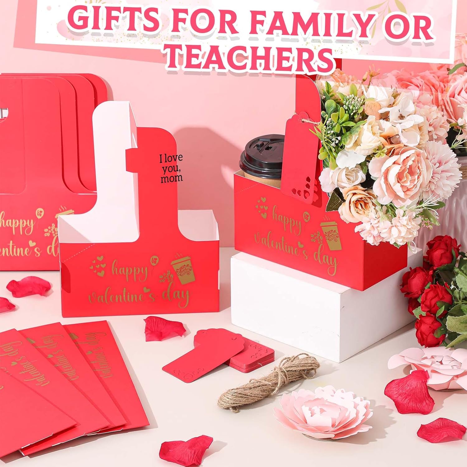 30 Set 2/4 Cups Drink Carrier with Handle, 12-30 oz Kraft Paperboard Coffee Cup Holder for Cold Hot Drinks, Takeout Beverage Delivery for Valentine(Valentine Style,7 x 3 x 9 Inch,Red) - Image 4