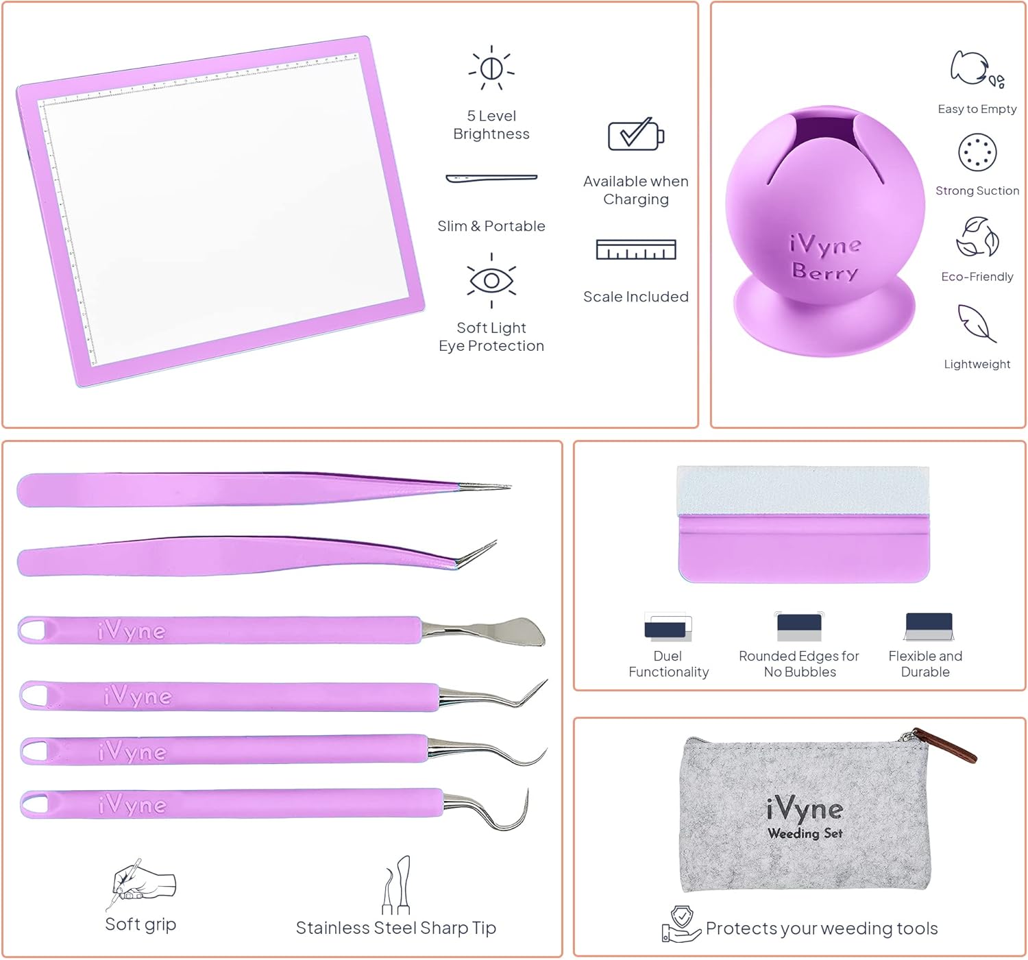 iVyne Complete Set Rechargeable A4 Light Pad, Weeding Tools for Vinyl, Weeding Scrap Collector for Cricut and Silhouette Machines for Weeding, Tracing, Drawing Projects - Purple