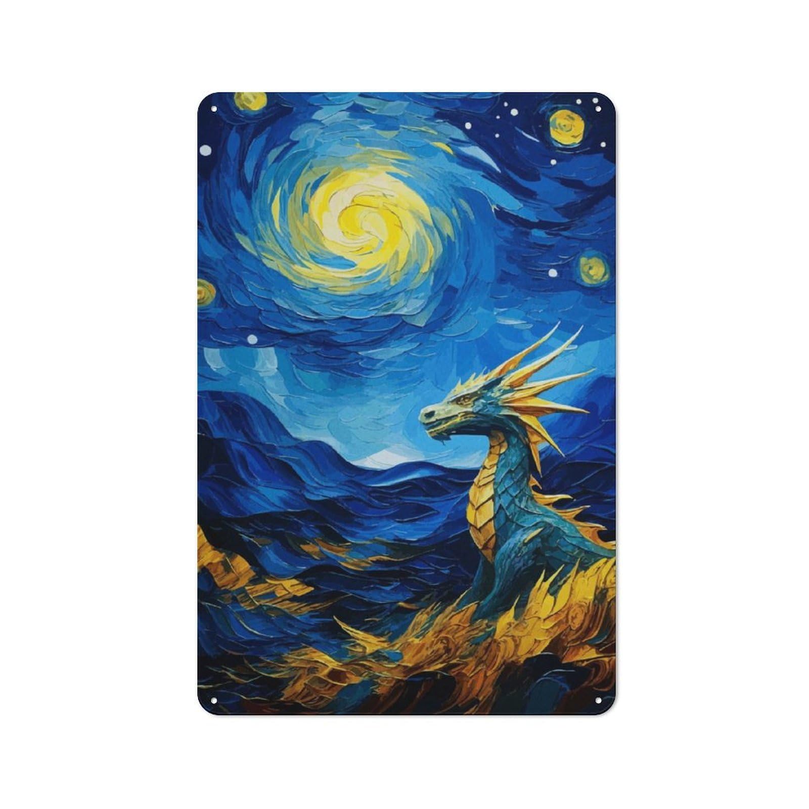 Dragon Under Starry Night Retro-style Metal Plaque 30x20cm for Café Or Home Bar, Suited to Café-style Decor Fans