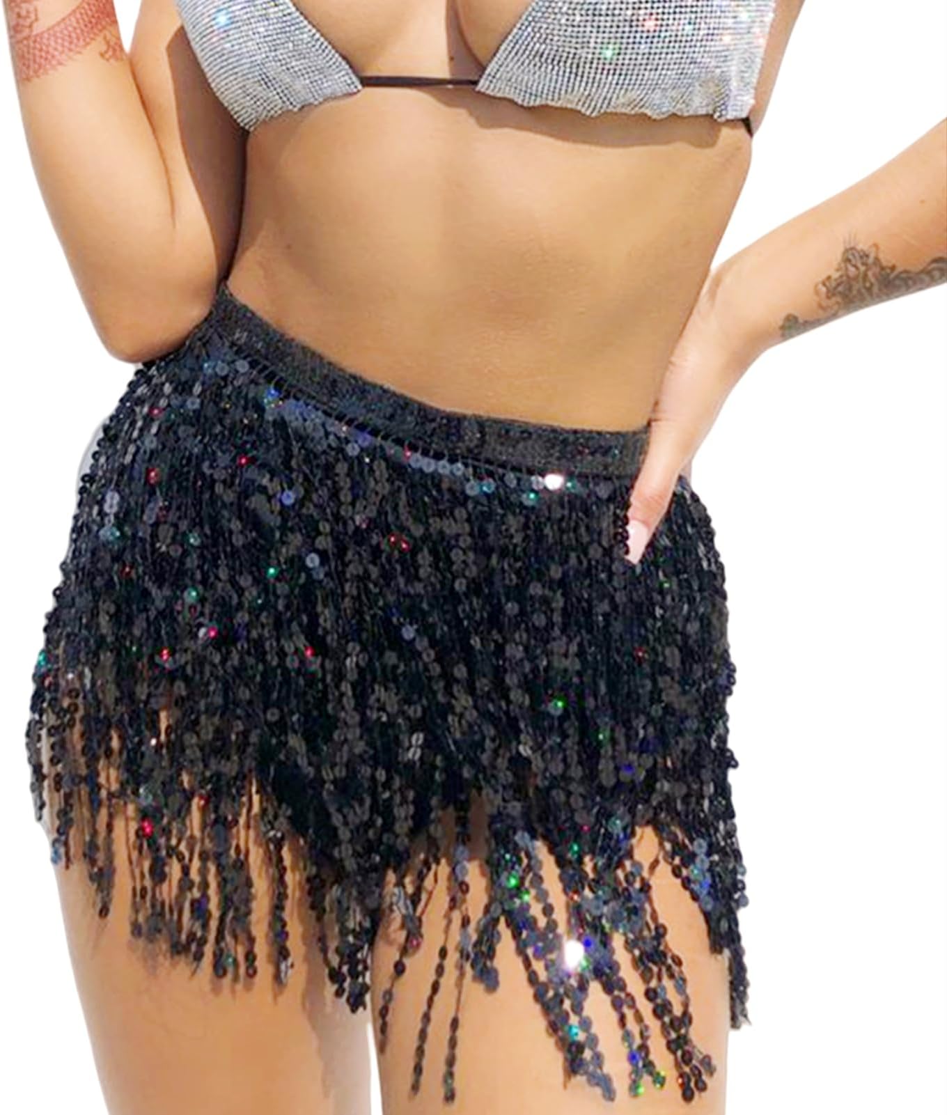 Women Boho Beach Sequin Tassel Mini Skirts Music Festival Party Club Hip Scarf Belt Wrap Skirt