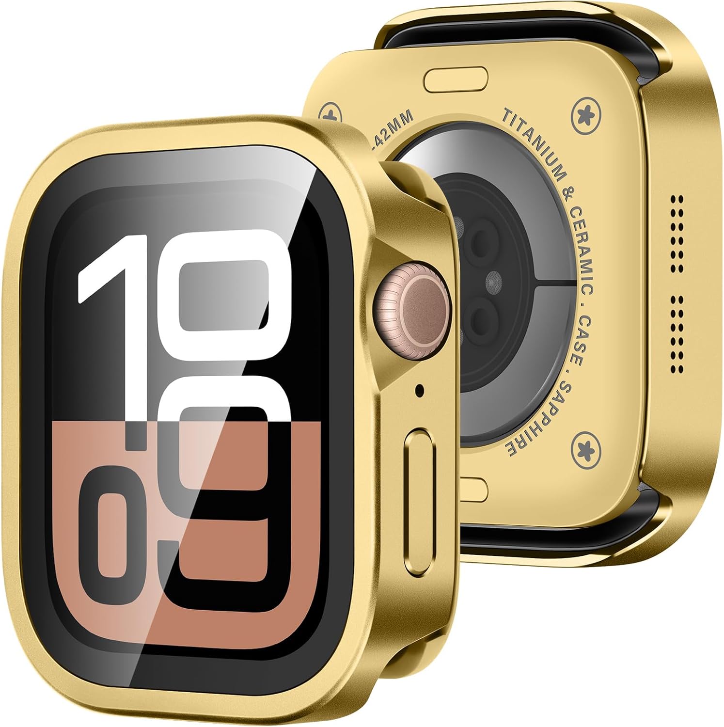 Amizee Metal Case Compatible with Apple Watch Series 11/10 42mm Case with Built-in Screen Protector, Straight Edge Ultra Thin with Back Cover Protective Cover for iWatch 42mm, Gold