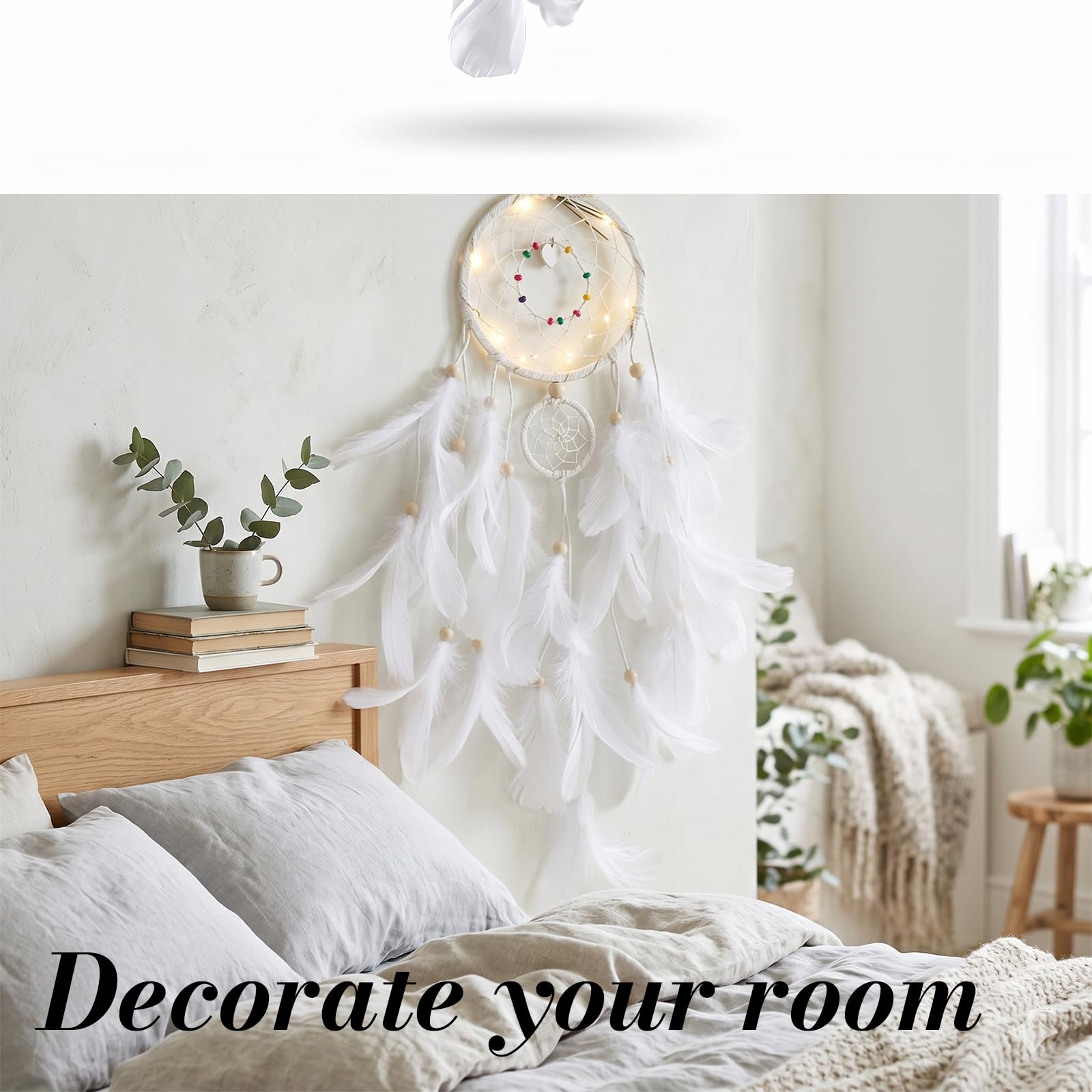 Capteur De Rêves en Plumes Lumineux Attrape Rêve Rétro Décoratif Avec Lumières LED Pour Chambre