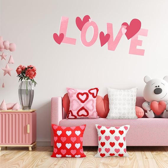 FuWeave 4 Pcs Valentine's Day Throw Pillow Covers 18x18 Inch Red Pink Heart Pillow Cases Soft Heart Shape Embroidery Cushion Covers for Valentine's Day Couch Sofa Bedroom Living Room Home Decor
