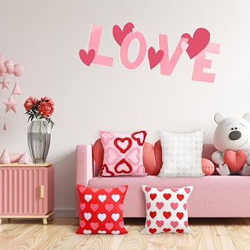 FuWeave 4 Pcs Valentine's Day Throw Pillow Covers 18x18 Inch Red Pink Heart Pillow Cases Soft Heart Shape Embroidery Cushion Covers for Valentine's Day Couch Sofa Bedroom Living Room Home Decor