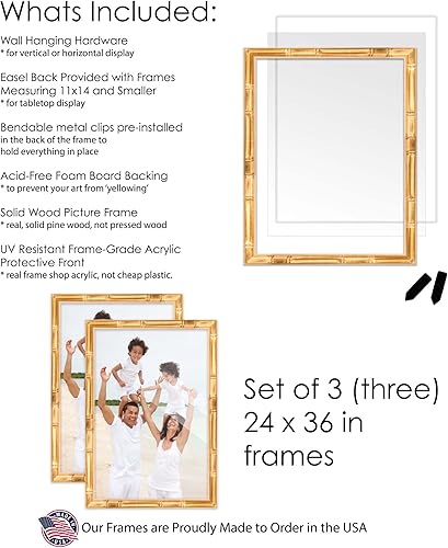 Miniatura 6 de 24x36 Gold Bamboo Picture Frame Set Pack of 3 24x36 Wood Picture Frames for Gallery Wall 3 24x36 Gold Bamboo Frames