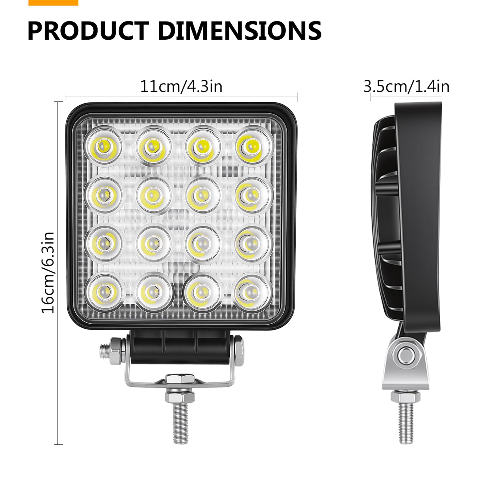 RIGIDON Kwadratowe oświetlenie robocze LED, 10 cm, 48 W, wiązka powodziowa, 12 V, 24 V, lampa do samochodu, terenowego, łodzi, ciężarówki, 4 x 4 SUV, ATV, ciągników, koparki, 6000 K, białe, lampa