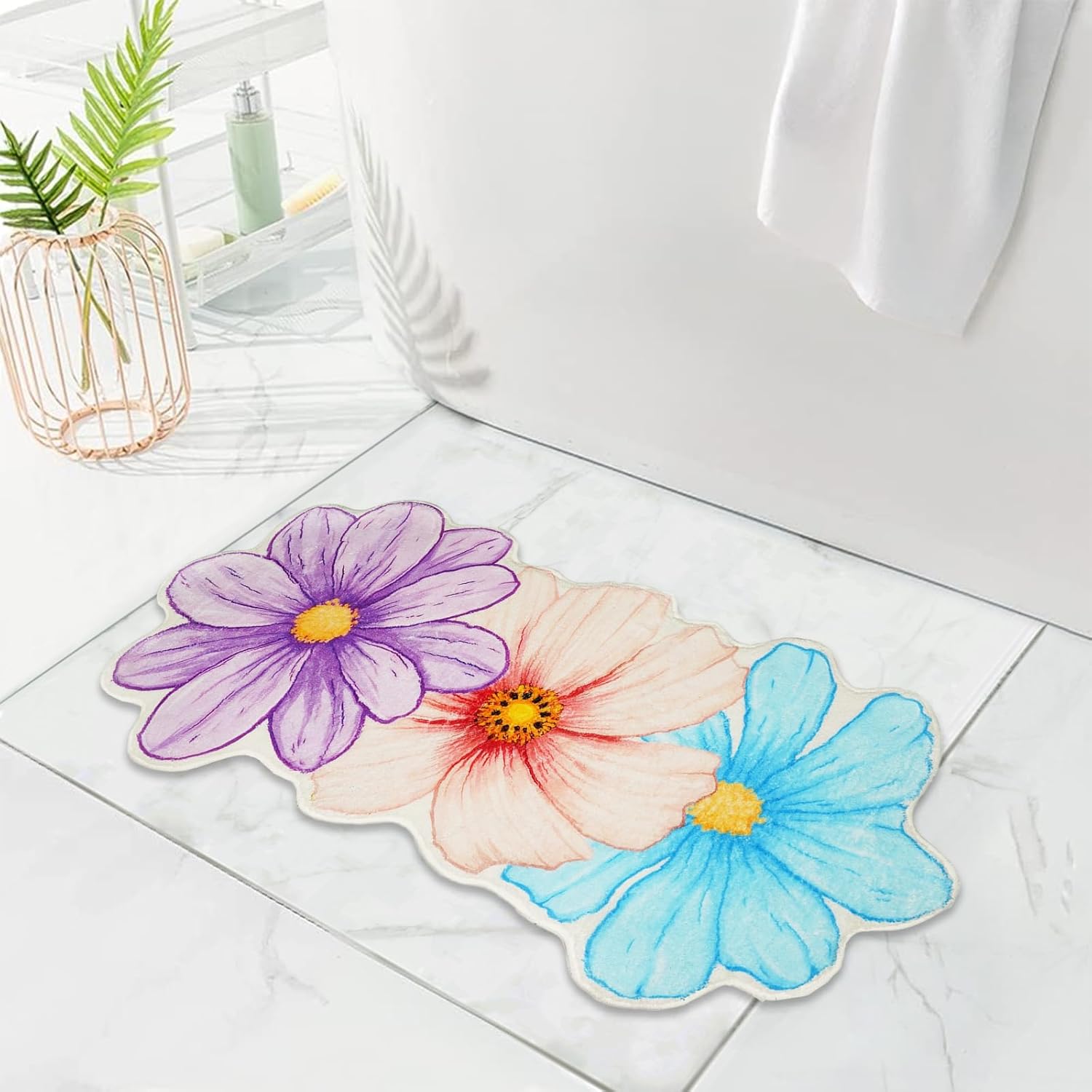Spring Bathroom Rugs Flowers Bath Mat, Non-Slip Farmhouse Spring Flowers Bathroom Doormat Shower Bath Rugs for Spring Home Decorations