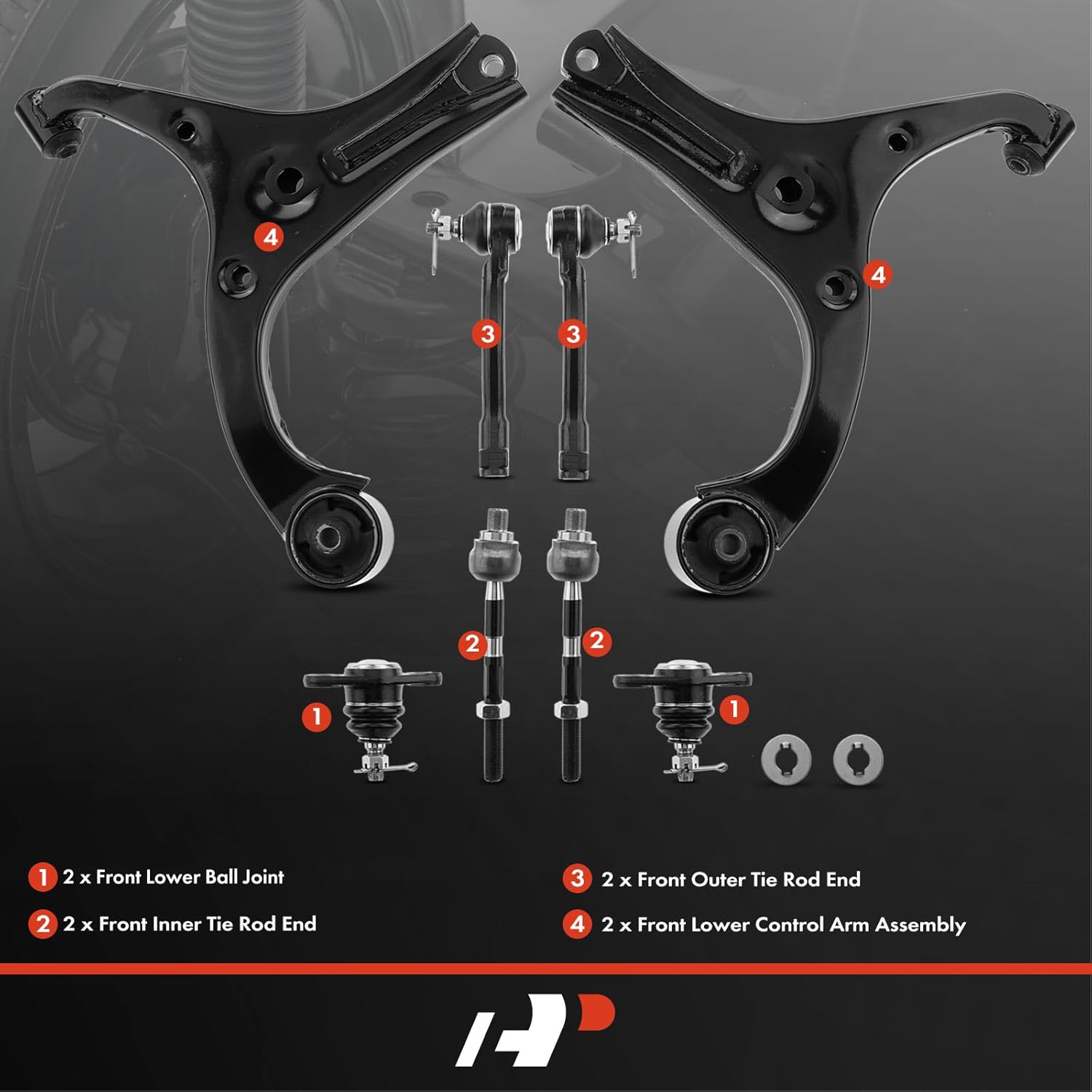 A-Premium Set of 8, Front Lower Control Arm, Lower Ball Joint, Inner & Outer Tie Rod End, Compatible with Kia Rio 2006-2011, Rio5 2006-2011
