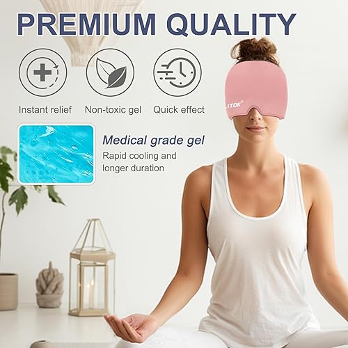 Miniatura 4 de EXQUISLIFE Gorro para aliviar el dolor de cabeza de migraña, envoltura de gel para la cabeza, terapia fría y caliente, máscara para ojos sinusales,