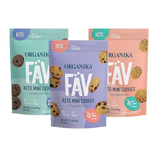 Organika Fav Keto Mini Cookies-3 sabores, bajo en carbohidratos, proteína de colágeno, sin gluten, aperitivo saludable, bolsa de 3.17oz x 3