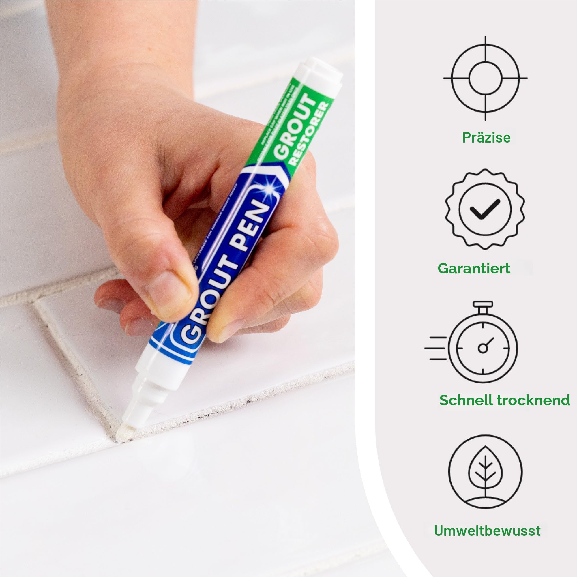3 x weiße Fugenstifte – entworfen für die Wiederherstellung von Fliesenfugen in Badezimmer und Küche.