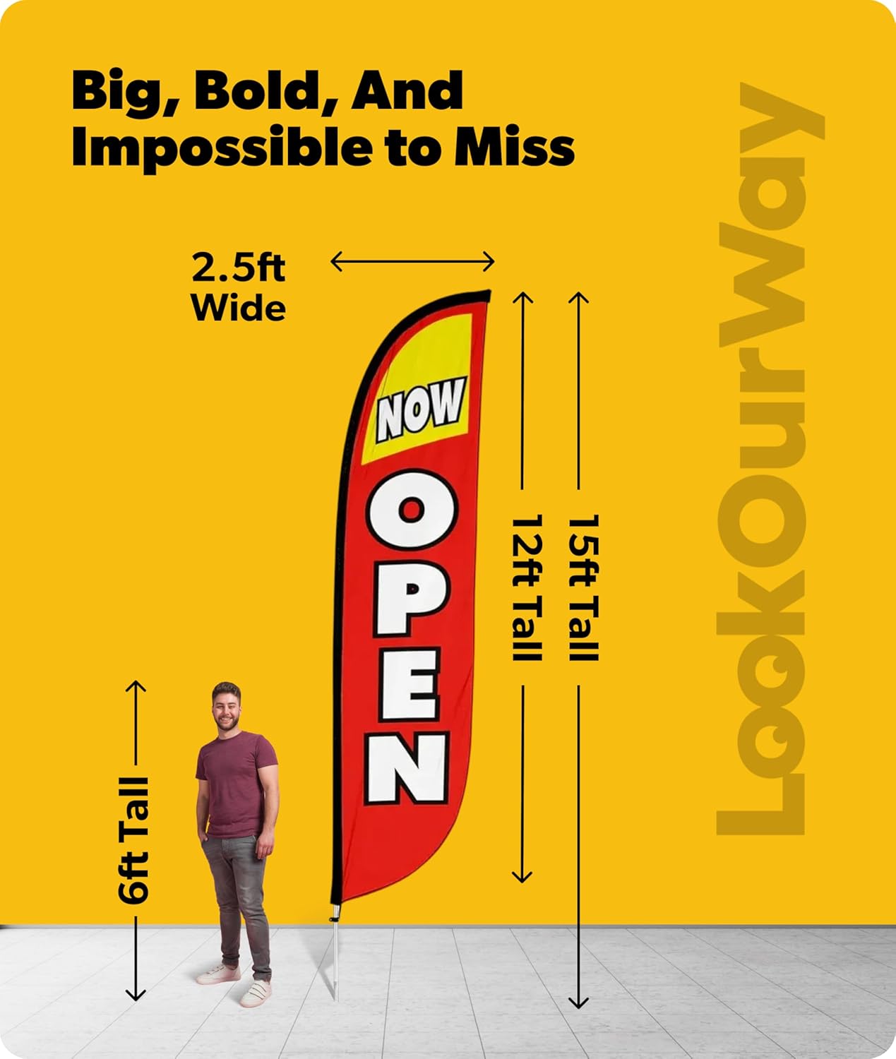 LookOurWay Feather Flag Pole Kit - 12 Feet Tall Advertising Flag Banner with Fiberglass Pole Kit and Ground Spike for Business Promotion - Grand Opening Flags - Now Open Red & Yellow (10M1200030)