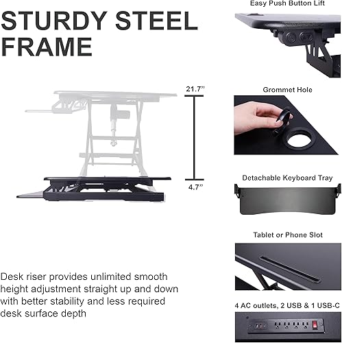 Miniatura 3 de Rocelco Convertidor eléctrico de escritorio de pie de 46 pulgadas con cargador USB de salida de CA, altura motorizada ajustable, elevador de triple