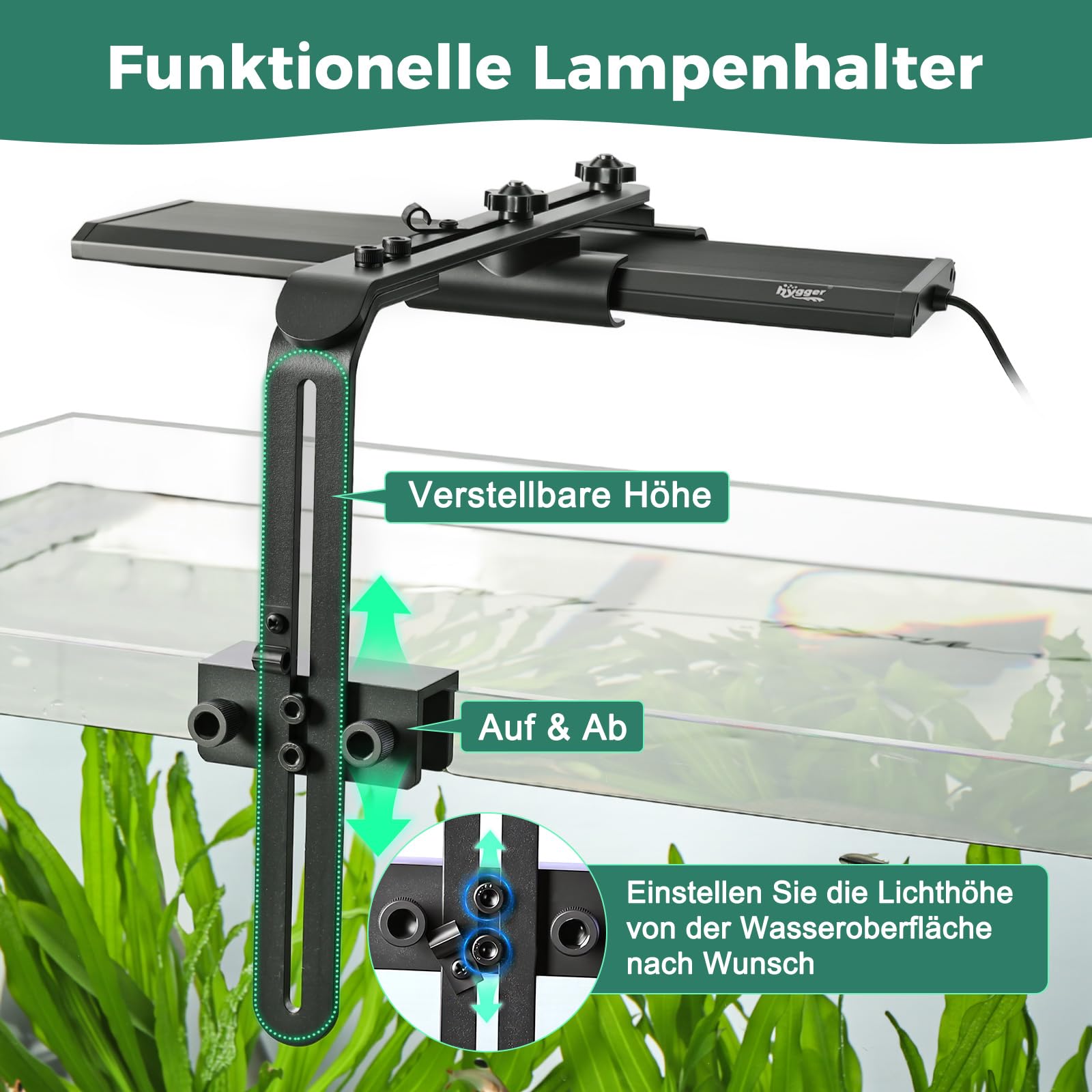 hygger Supporto per lampada da acquario, Supporto rialzato per lampada, regolabile in altezza 8.13 inch, supporto per lampada da acquario in lega di alluminio per acquari marini e d'acqua dolce, nero
