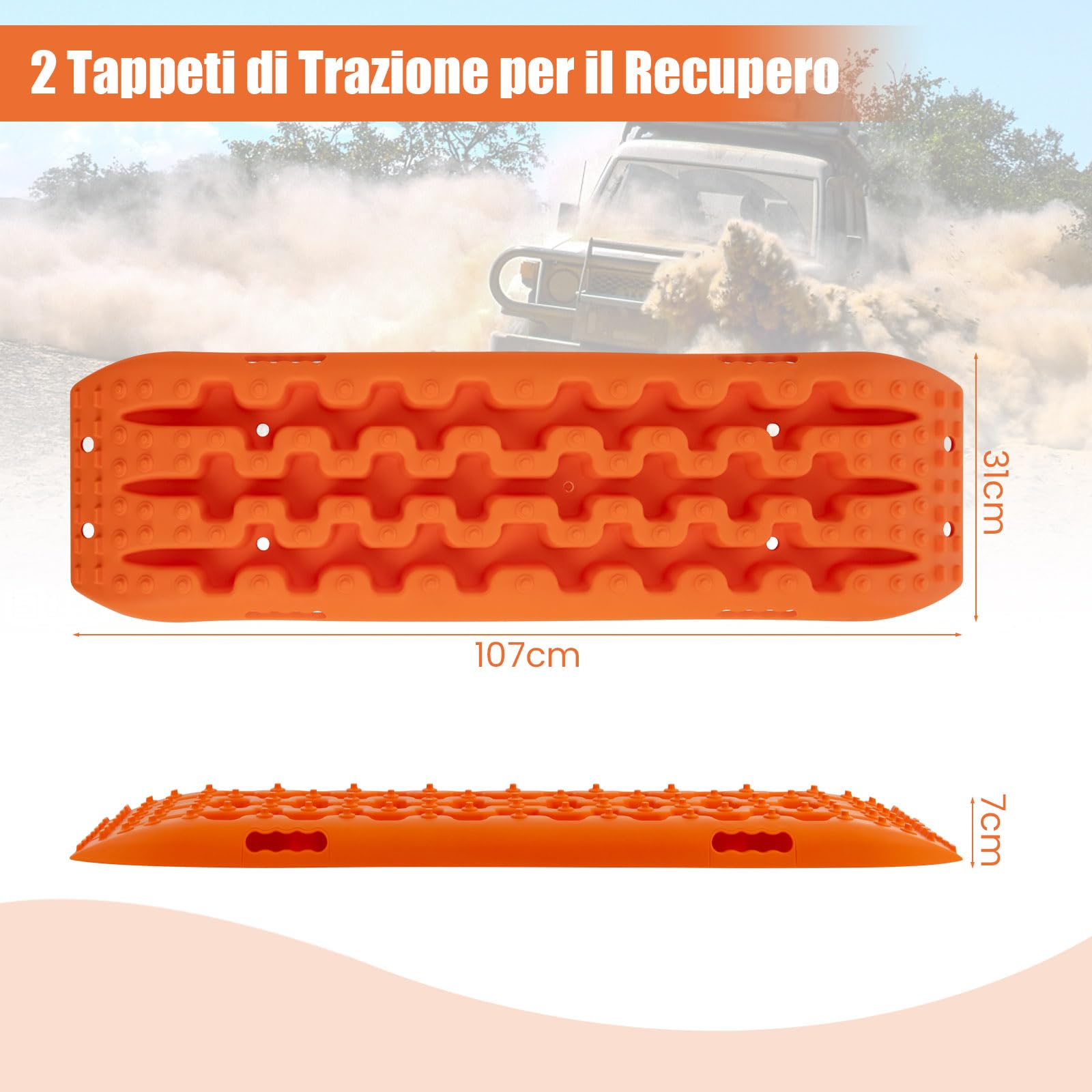 COSTWAY Tappetino di Trazione 2 Pezzi, Carico 10T, Piastre di Trazione per SUV Camper Auto Camion, Tavola di Recupero per Piste Offroad, per Sabbia, Neve, Fango (Arancione, 107 x 31 x 7 cm)