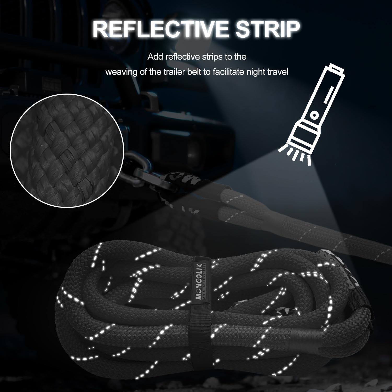 1in x 30ft Kinetic Recovery Rope Kit (Reflective), 36500LBS, Heavy Duty Stretch Nylon Towing Ropes with 2 Soft Shackles, Ideal for Trucks, SUVs, ATVs, and Tractors (Black)