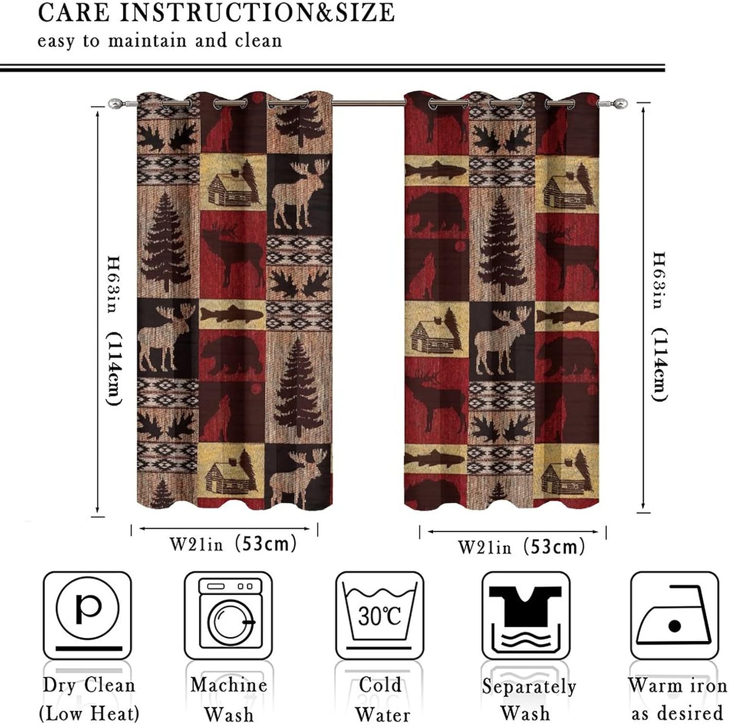 Rustic Cabin Curtains for Bedroom - Vintage Farmhouse Hunting Theme Moose Bear Elk Tree Plaid Window Treatment,Energy Saving Blackout Grommet Curtains 2 Panels 45L x 21W