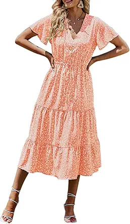 PRETTYGARDEN Summer Floral Dress for Women 2025 Casual Boho Short Sleeve Maxi Dresses V Neck Tiered Flowy Beach Sundress