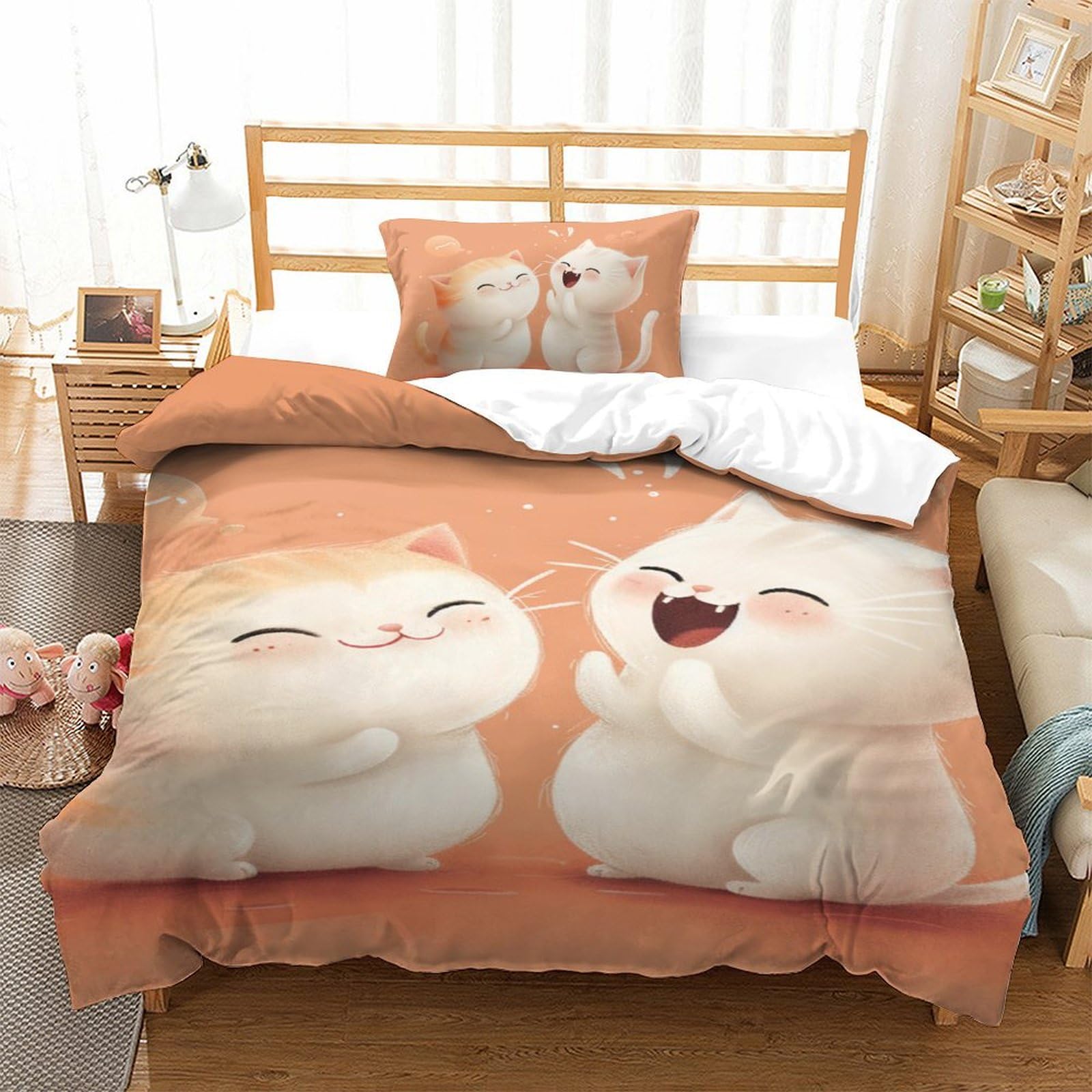 Housse de couette chat 135x200cm en microfibre douce avec taie d'oreiller pour lit single enfant