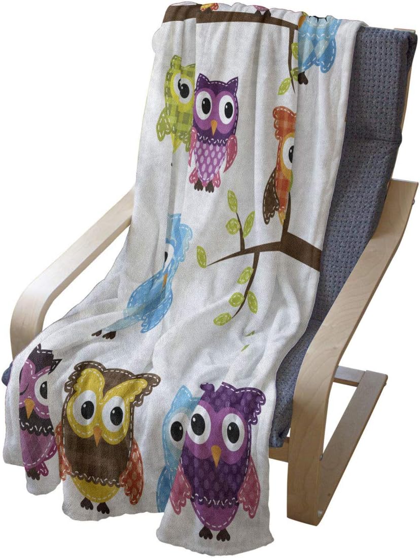 Lunarable Owls Soft Flannel Fleece Throw Blanket, Owls on Tree Branches Night Time Jungle Wildlife Patchwork Quilt Style Design Clipart, Cozy Plush for Indoor and Outdoor Use, 50" x 70", Purple Blue