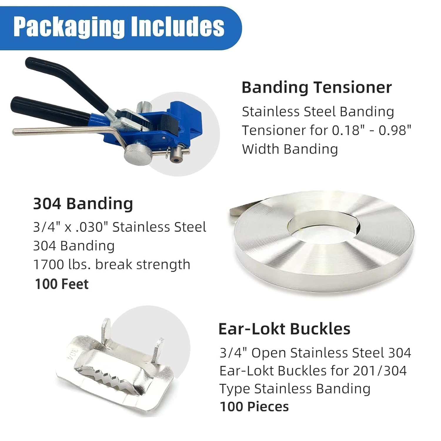 Banding Strapping Kit with Strapping Tensioner Tool, 100 ft Length 304 Stainless Steel Banding,100pcs Steel Buckles, Pair of Cut-Resistant Gloves, Complete Packaging Strapping Solution