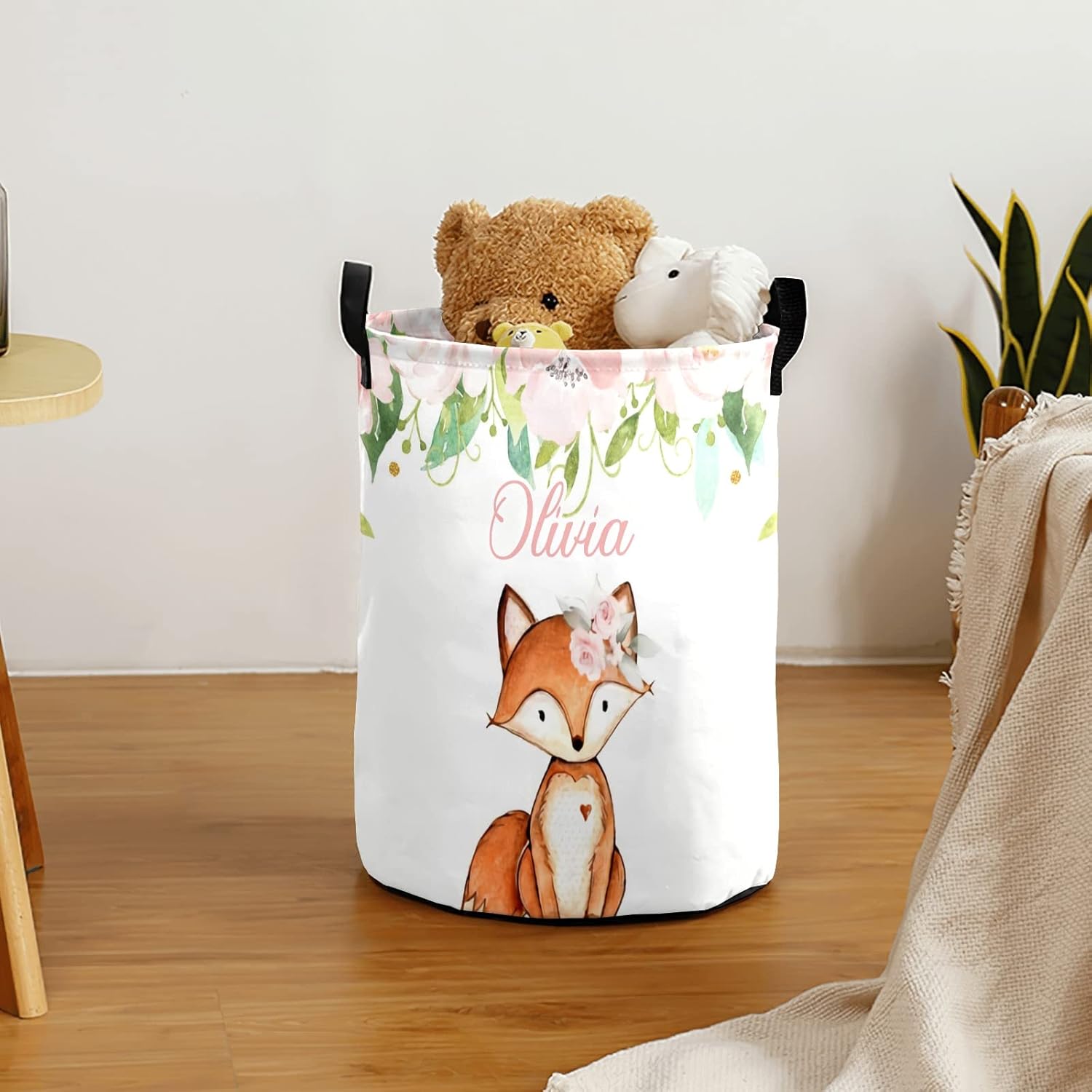 Floral Fox Soft Pink Personalized Laundry Basket Clothes Hamper with Handles Waterproof,Collapsible Laundry Storage Baskets for Bathroom,Bedroom Decorative