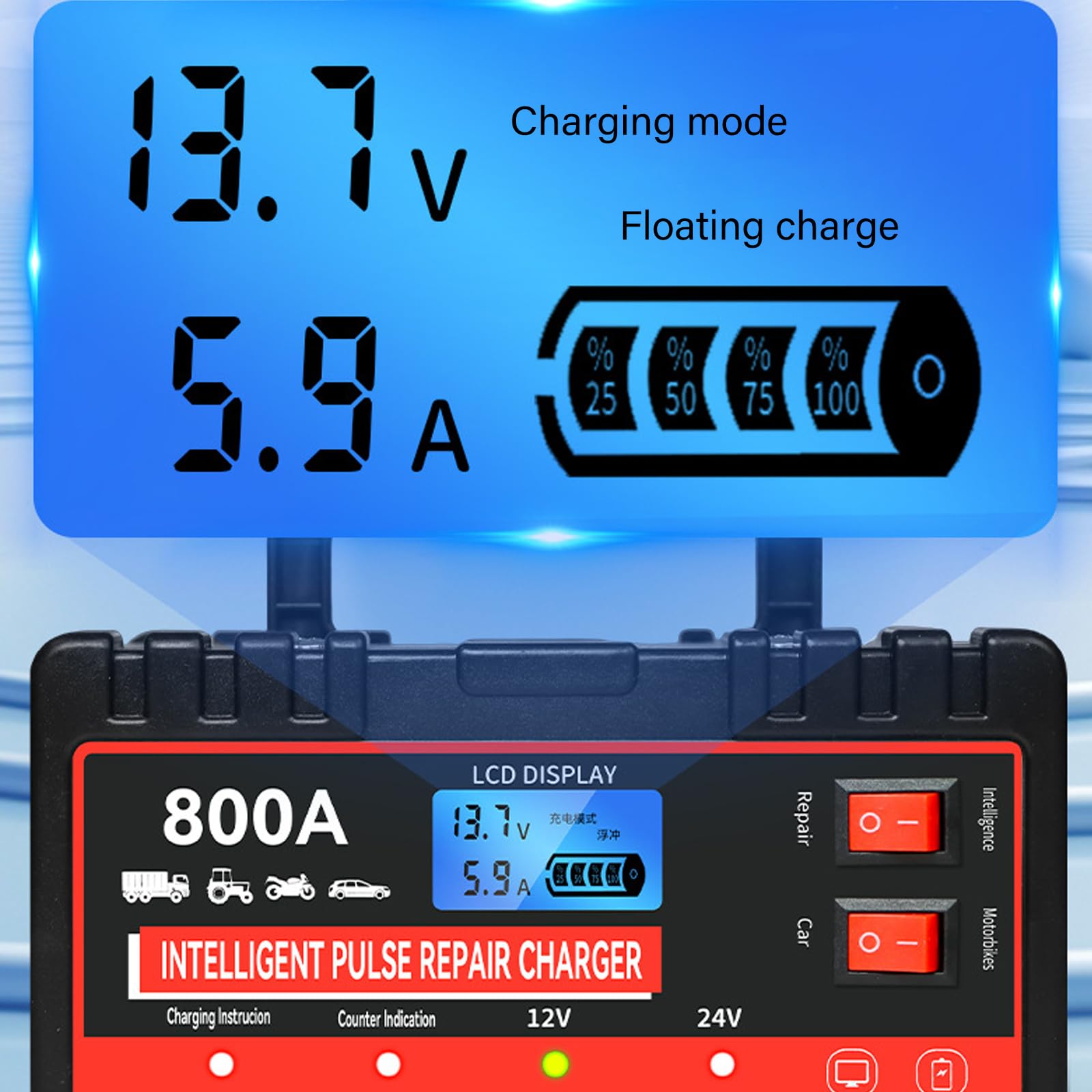 Caricatore a batteria completamente automatico, 8 A, caricabatteria da auto, 12 V, 24 V, strumento di ricarica rapida intelligente e manutenzione per auto, camion, moto, auto e trattore