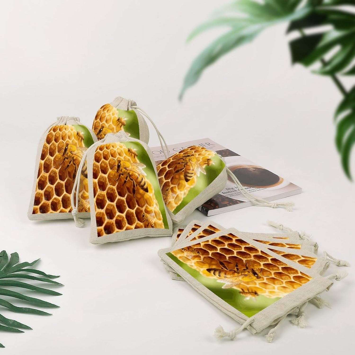 Yellow Bee Honeycomb Drawstring Bag Fashionable Cinch Bags Bunches Pocket Set of Eight Multipurpose Drawstring Storage Bags for Daily Storage Kitchen Dressing Table