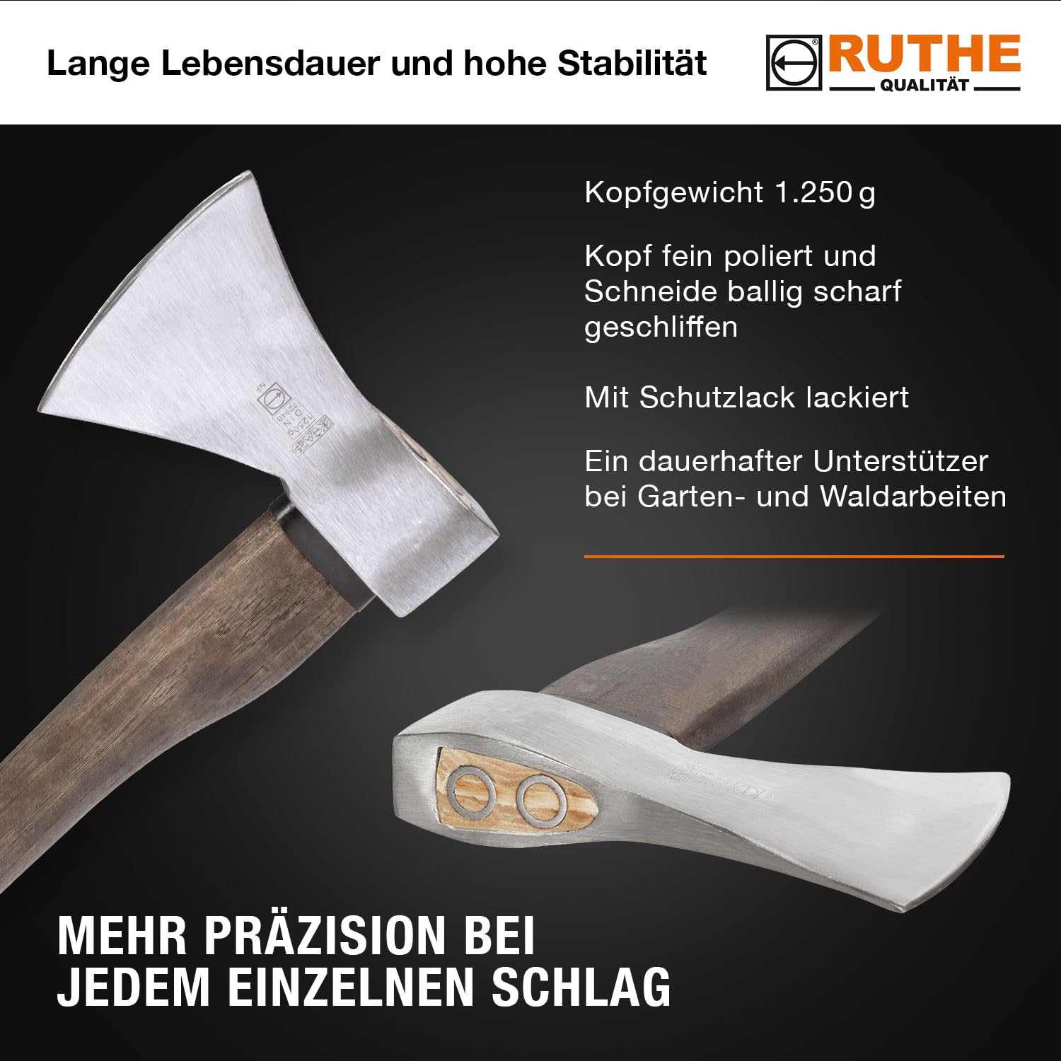RUTHE Hache Hickory 1250 g | Hache de Jardinage Robuste | Hachette à fendre avec Manche en Hickory 80 cm | Outil Durable pour Coupe et ébranchage | Acier forgé certifiée VPA/GS