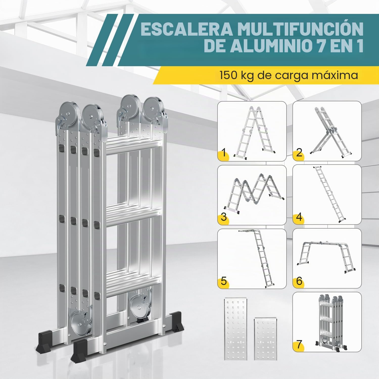 Escalera multiusos de aluminio de 3,6 m, 4 x 3 peldaños, escalera multifunción con plataforma, escalera de aluminio con 2 placas de andamio, escalera plegable de 16 peldaños, escalera de hasta