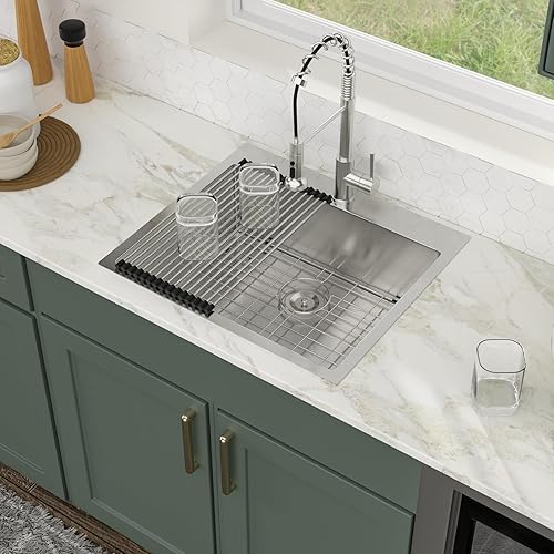 Vista 153 de Logmey Fregadero de cocina negro de 33 x 22 pulgadas, estación de trabajo SUS304, calibre 16, acero inoxidable, cuenco individual, montaje superior