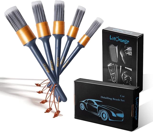 LitOrange Car Detailing Brush Set, 5 Pcs Different Sizes PET & PPT Mixed Fiber Plastic Handle Automotive Detail Brushes for Cleaning Interior, Exterior, Wheels, Rims and Leather