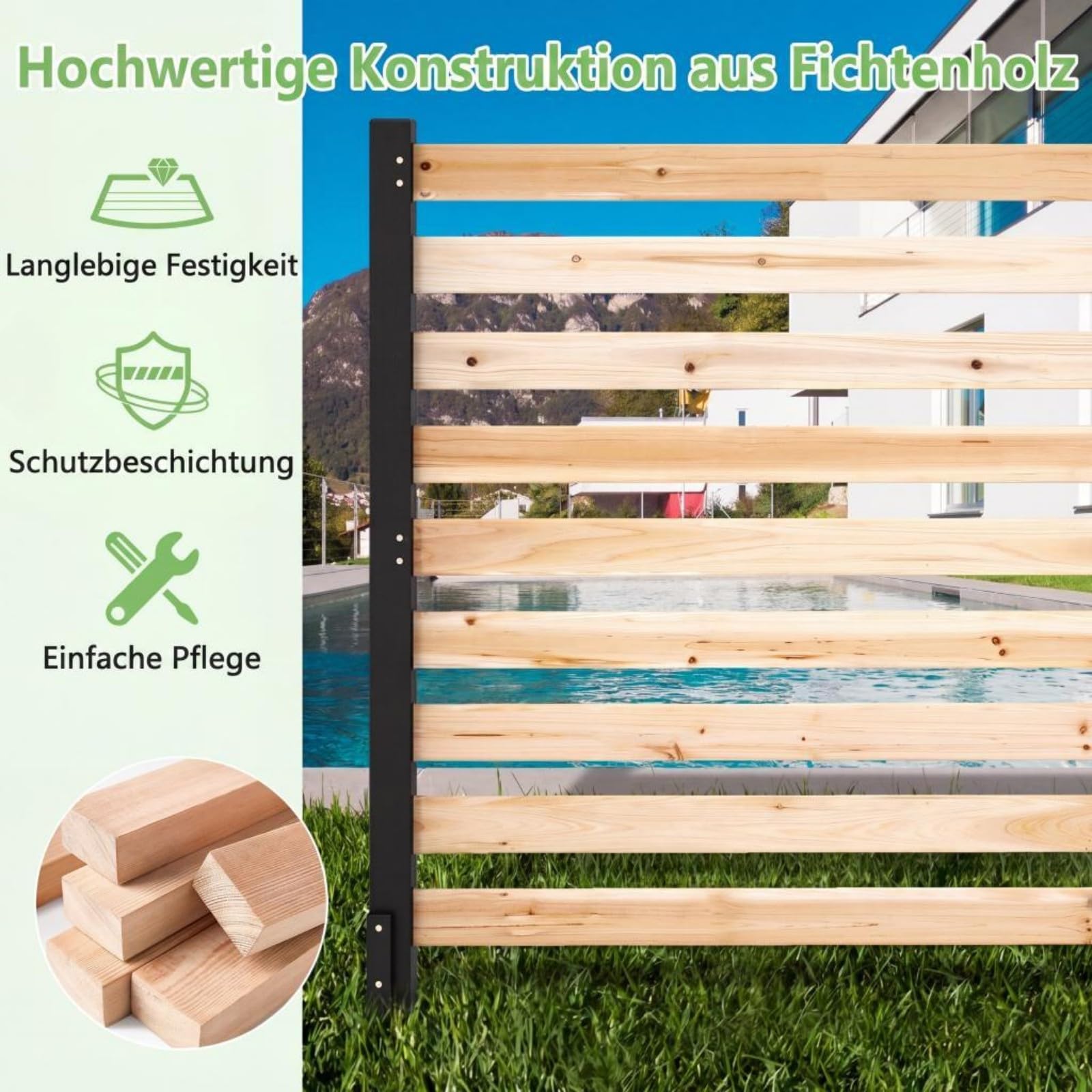 COSTWAY Gartenzaun 3-teilig, Zaun mit 4 Pfählen, 98 x 107 cm, Sichtschutzzaun aus Holz, Steckzaun Lamellenzaun, Tannenholz, freistehender Sichtschutz für Garten Terrasse, Natur