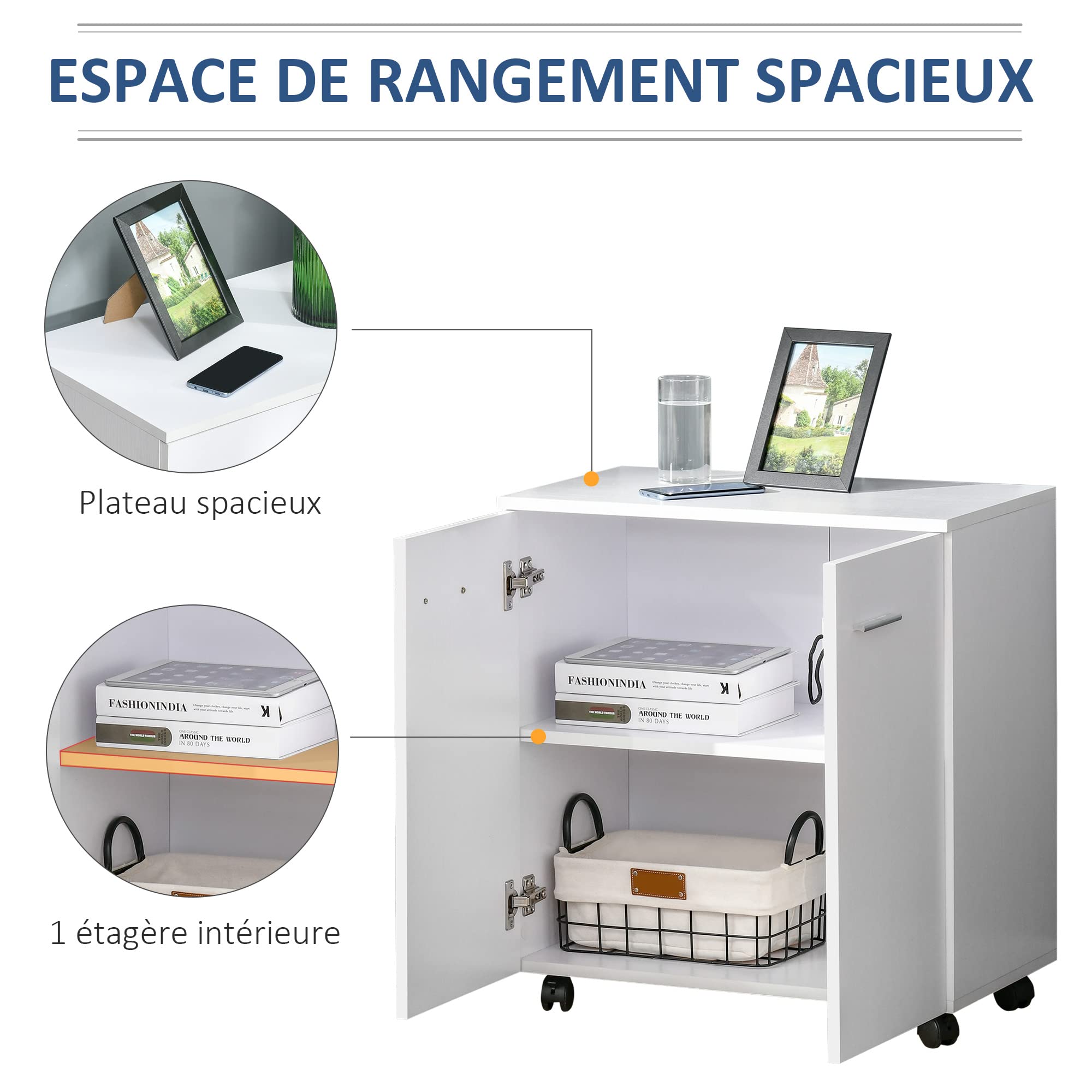 HOMCOM Meuble de Rangement Buffet Bas sur roulettes avec 2 Portes étagère Interne pour Salon, Chambre, Bureau 60 x 35 x 65 cm Blanc