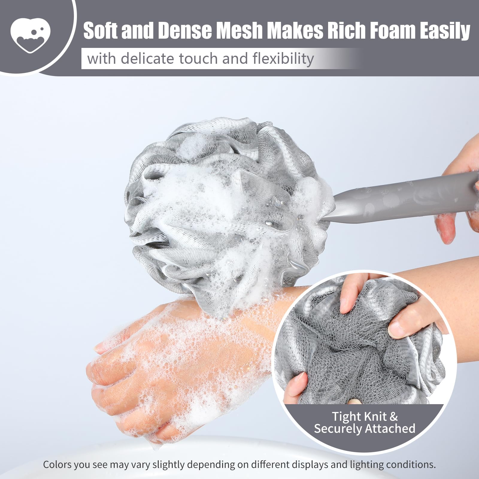 VANZAVANZU Set di Spugne di Luffa, Esfoliante Corpo, Manico di Plastica Antiscivolo da 17" con Spugna da Doccia Soffice, Spugne da Doccia in Morbida Rete PE-Grigio con bordo bianco
