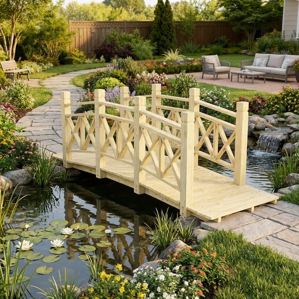 Wooden Garden Bridge Footbridge Wooden Bridge for Garden for Backyard Ponds, Outdoor Decorative Garden Bridges for Outdoors Walkway, Rustic Arched Design with Garden Bridge Sturdy