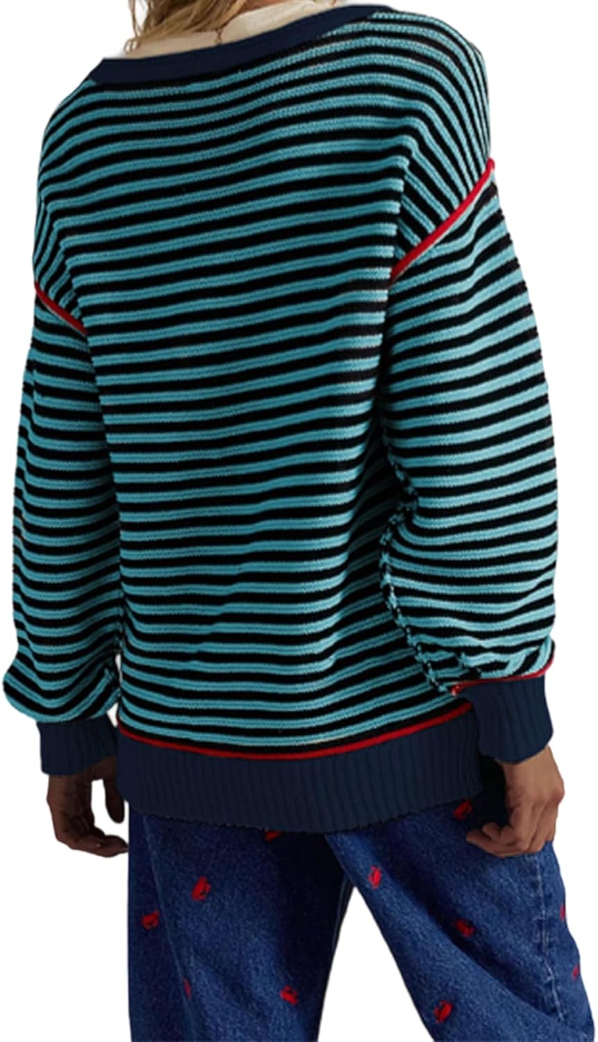 Women's Fall Casual Long Sleeve Sweaters Oversized Crewneck Striped Color Block Y2K Pullover Tops - Image 8