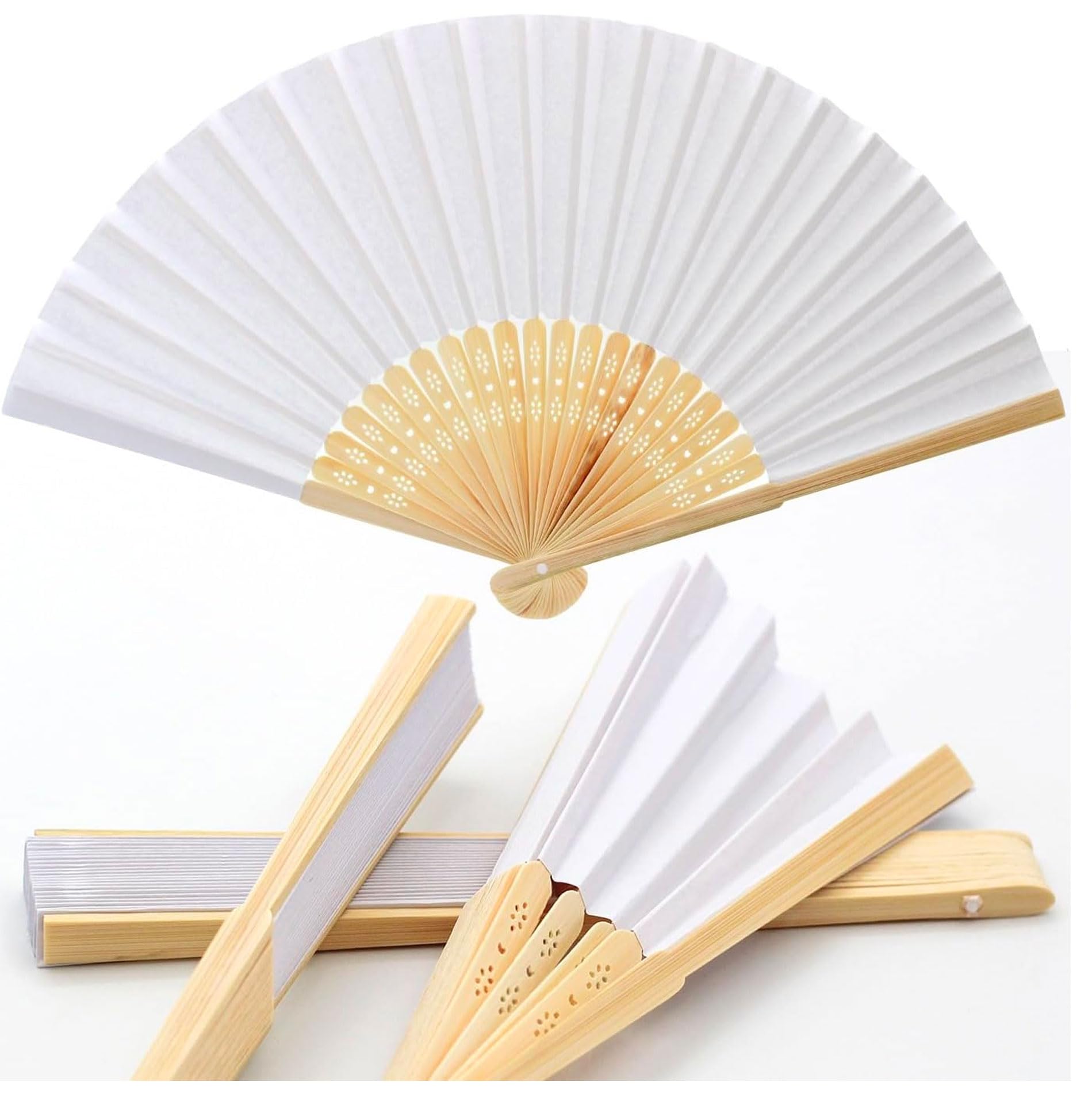 081 Store - 96 VENTAGLI di Legno Bambu' E Carta Bianca per Matrimoni Wedding Sposa Eventi SEGNAPOSTO Chiesa
