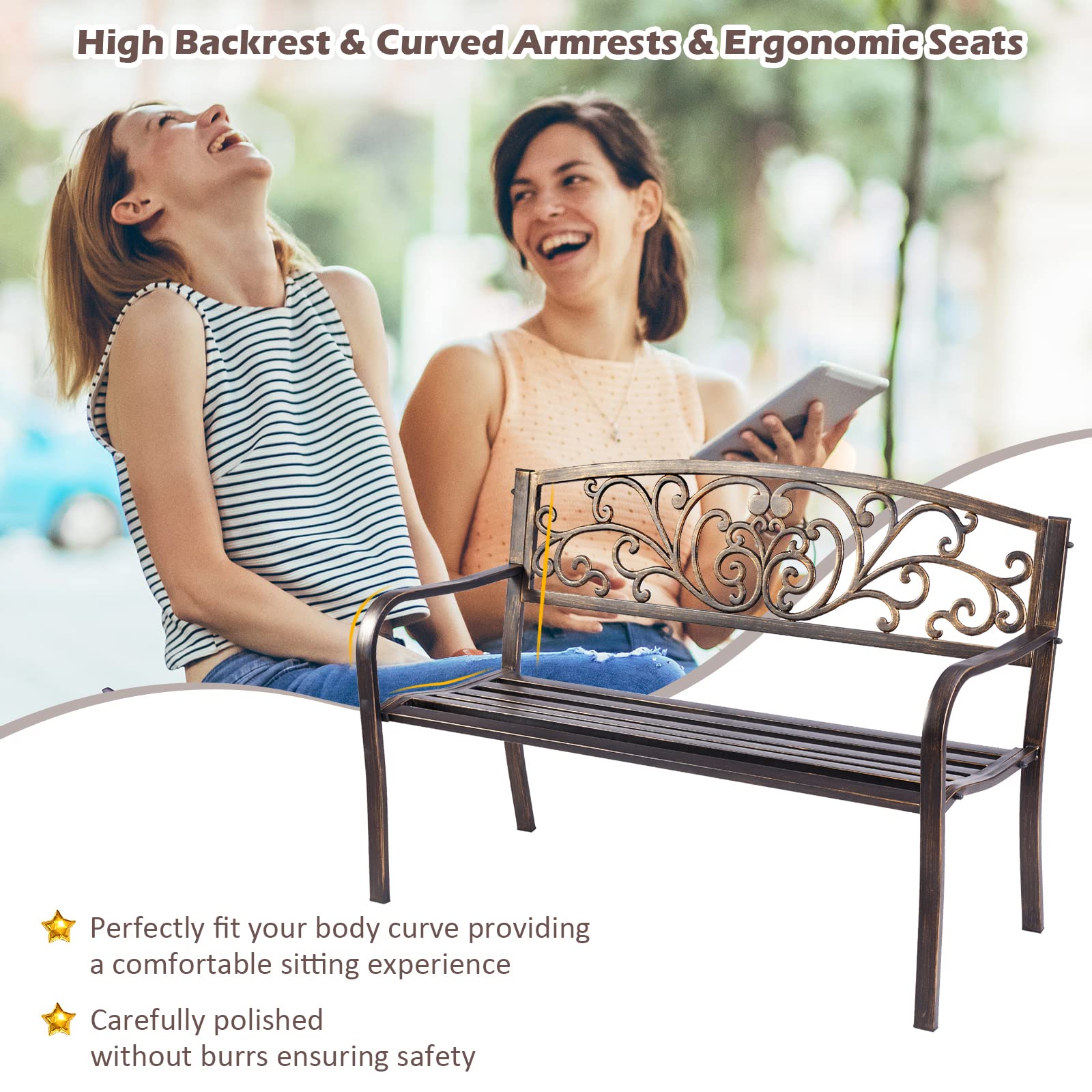 GIANTEX Panchina in Ferro da Giardino a 2 Posti, Panca con Schienale Belle e Braccioli, Panchina Vintage a Doppio Posto per Balcone, Terrazza, 127 x 60 x 82 cm, Bronzo
