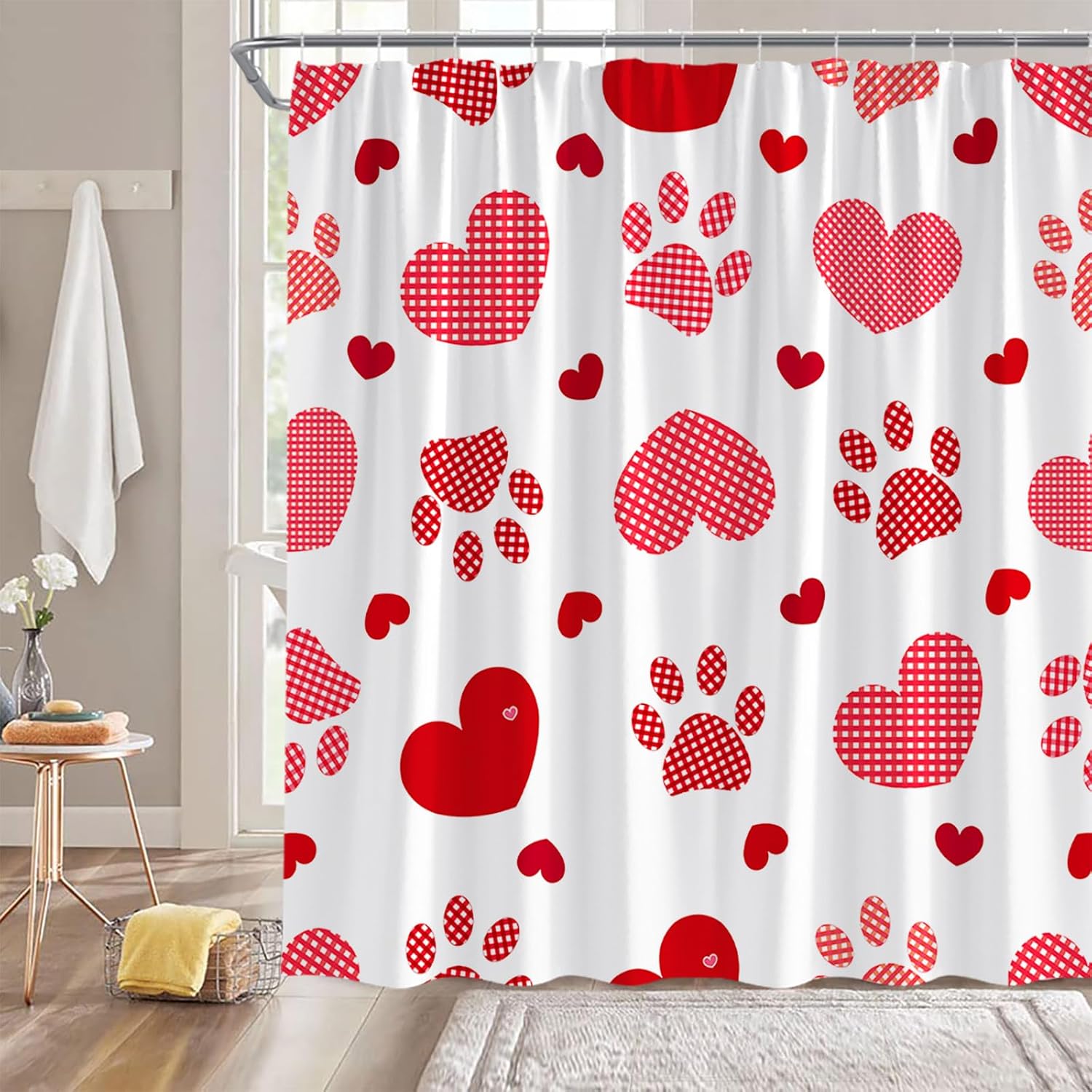 Valentine's Day Shower Curtain Cute Pink Red Heart Buffalo Plaid Sweet Love Romantic Polka Dots Claw Marks 70" Wx84 H Fabric Bathroom Decor Curtain with Hooks