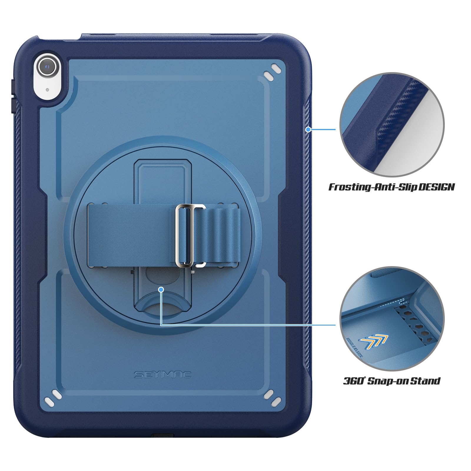 SEYMAC stock Coque pour iPad (A16) 11ème/10ème Génération 11''/10,9'' 2025/2022, Antidérapant Givré/Antichoc, avec [Support/Dragonne Rotatif à 360°] Protecteur D'écran & Porte-Stylet, Bleu Foncé