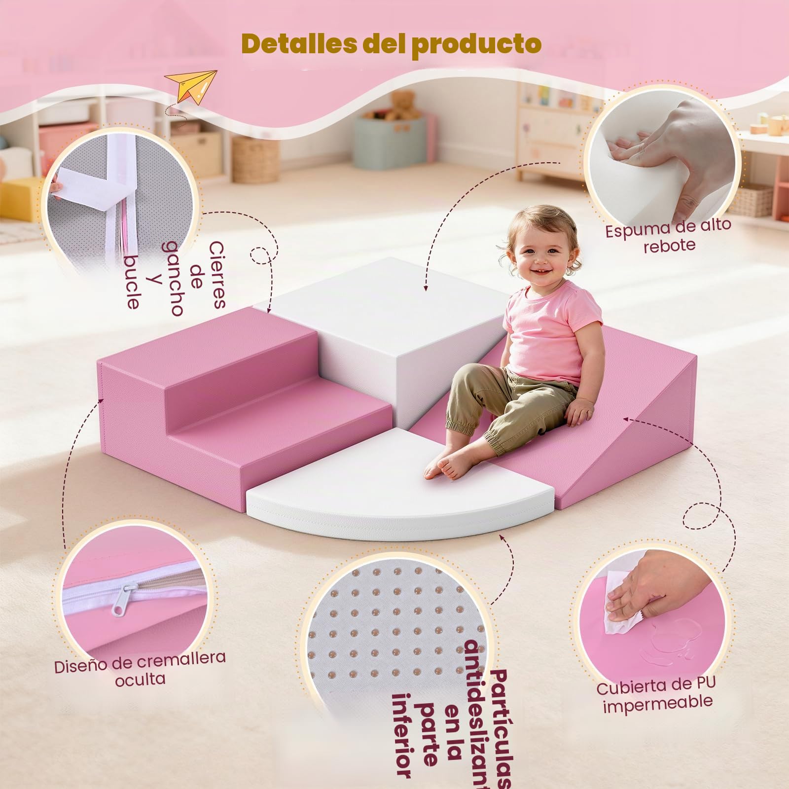 4 piezas de bloques blandos de espuma antideslizante, bloques de escalada combinables para niños, juego para interior, color rosa y blanco