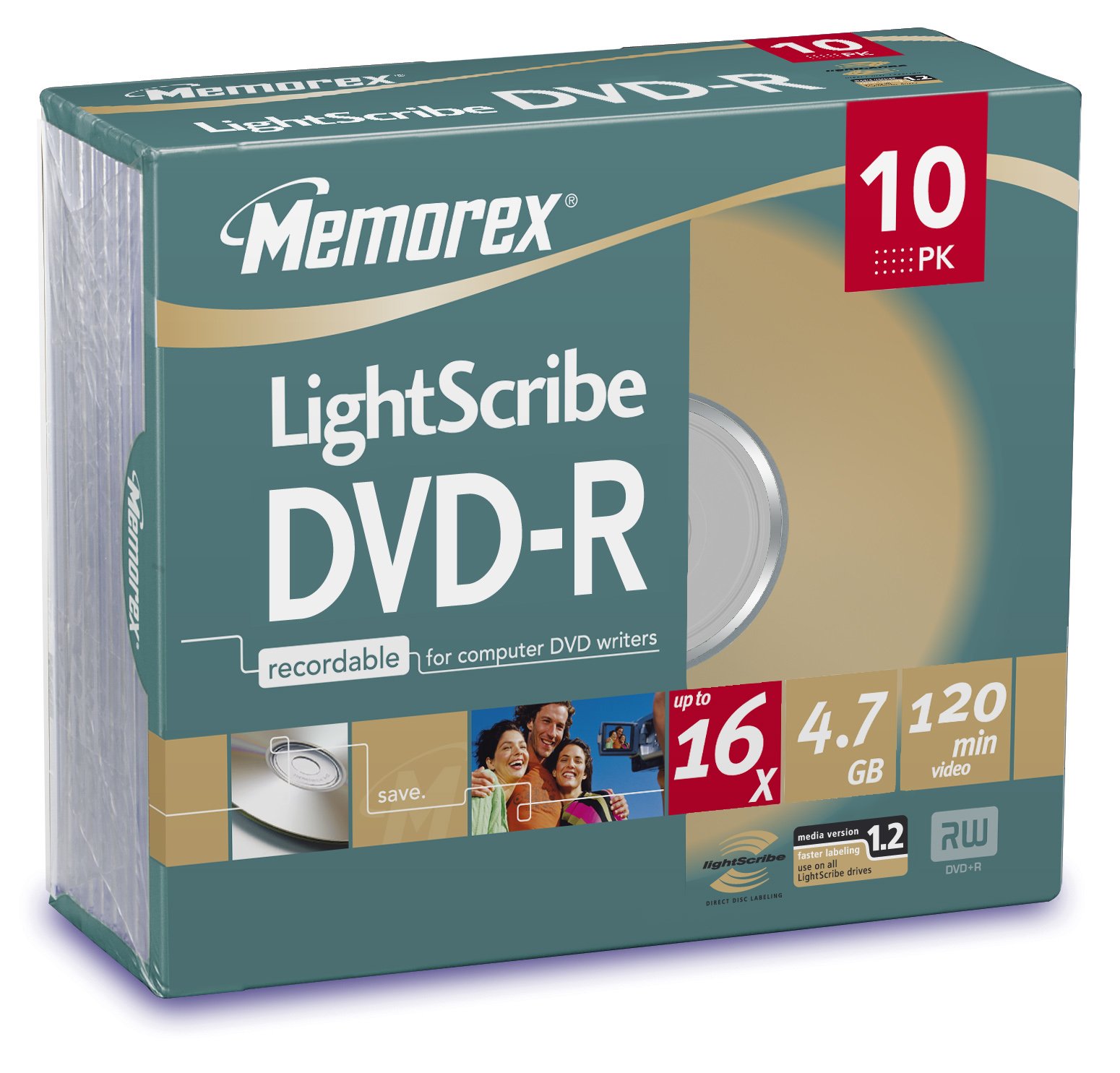 Memorex DVD-R LightScribe 16x 4.7GB, 10 Pack - DVD+RW vírgenes (10 Pack, 4.7 GB, DVD-R, 120 min, Caja de CD)