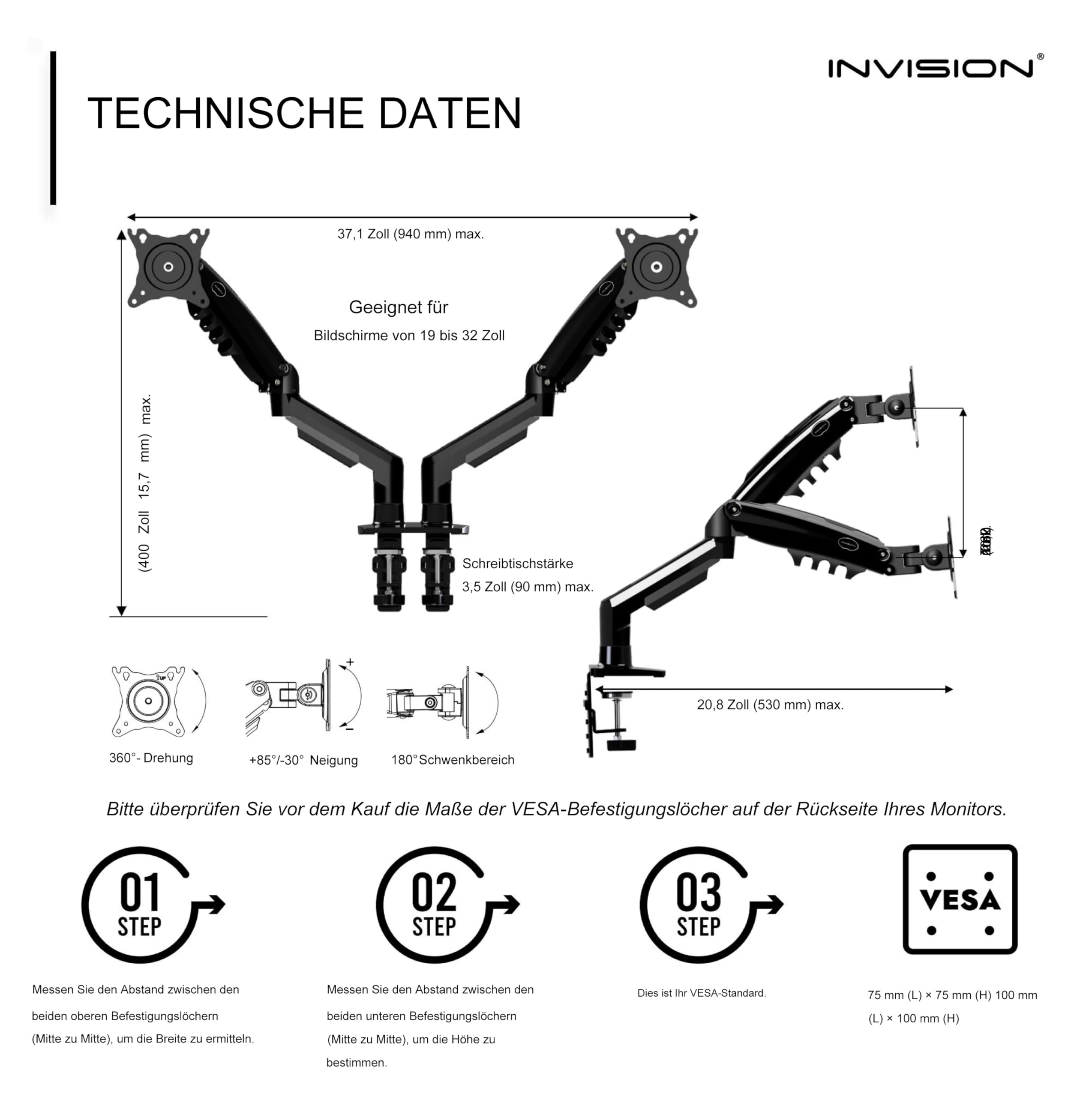 Invision Monitor Halterung für 19-32 Zoll Bildschirme - VESA 75 & 100 mm - Schreibtischklemme Ständer - Höhenverstellbar Neigungen Schwenken Dreht - Erhöhte Tragfähigkeit von 2-9 kg - MX400 Doppelarm