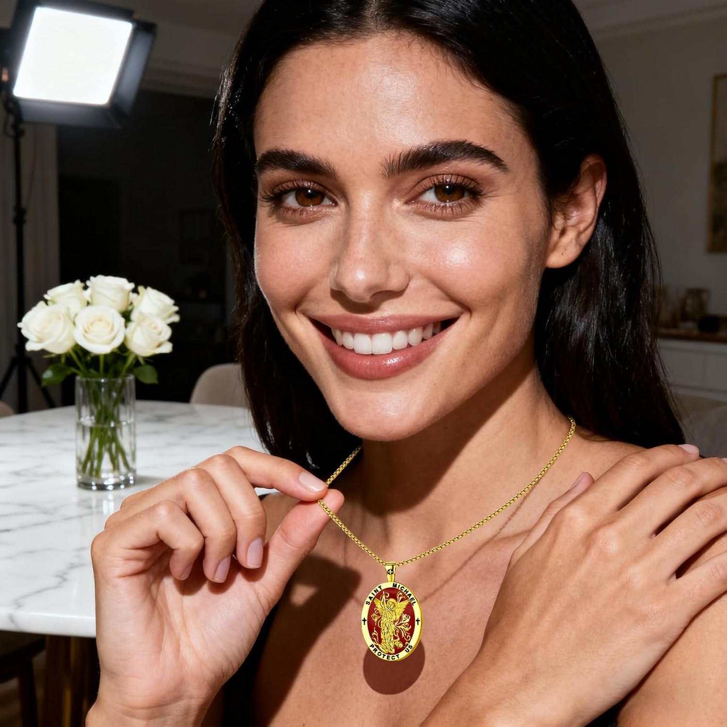 St Michael Pendant Necklace, 24K Gold Plated with Red Enamel, 19.69 Inch Chain, Religious Protection Medal, Oval Shape