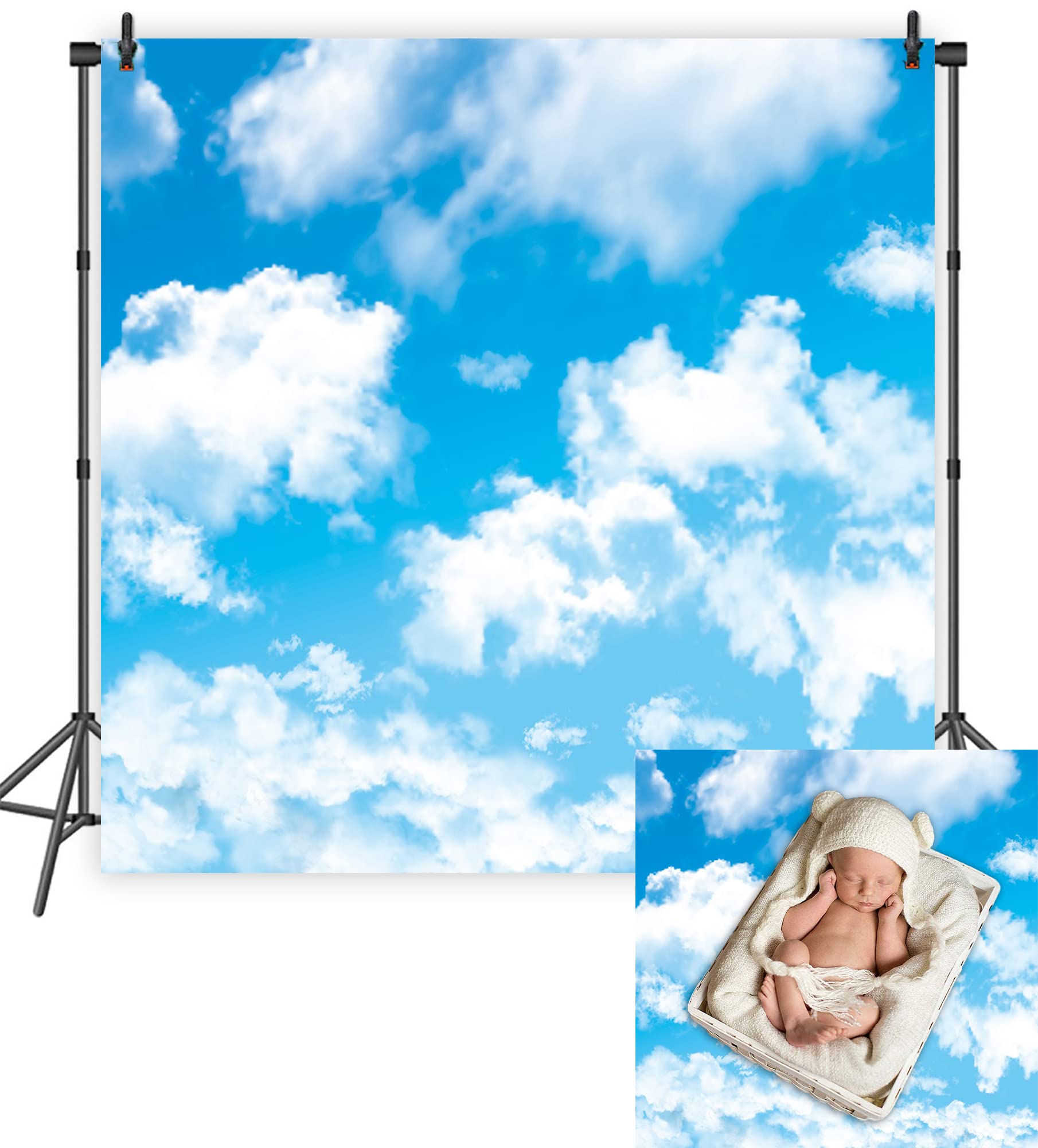 AOFOTO 2x2 M Rund-Hintergrund 'Heißluftballon & Wolken' – Blauer Himmel, Für Fotografie & Party