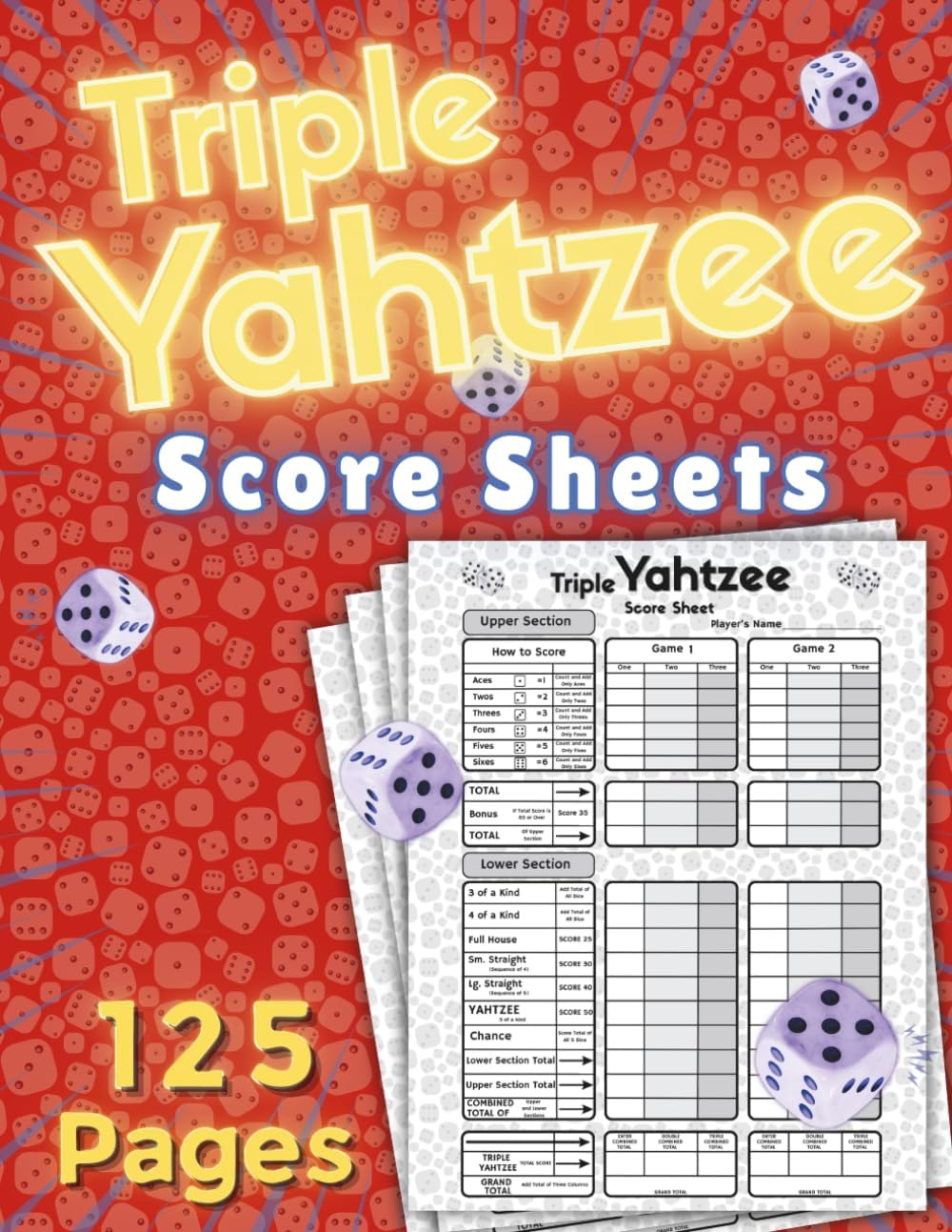 Triple Yahtzee Score Sheets: Large Print 8.5x11 Score Pads for Easy Scorekeeping | 125 Pages (750 Games) | Clear Design Score Book