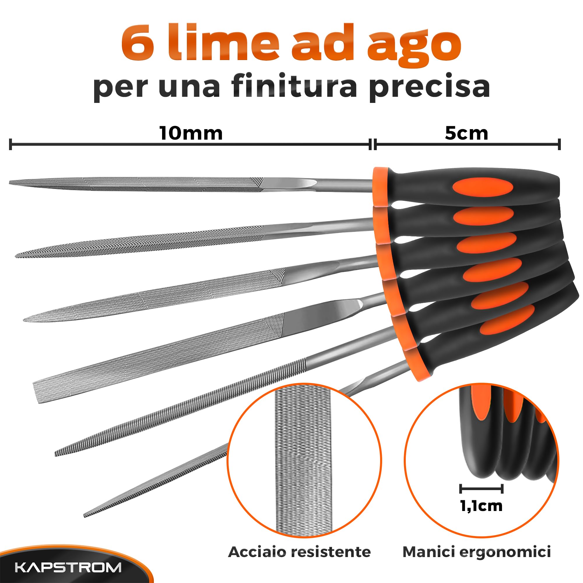 Set di lime ad ago KapStrom, 6 lime ad ago per legno, metallo, plastica e gioielli, include lime piccole tonde, semitonde, quadrate, triangolari, piatte e a punta piatta