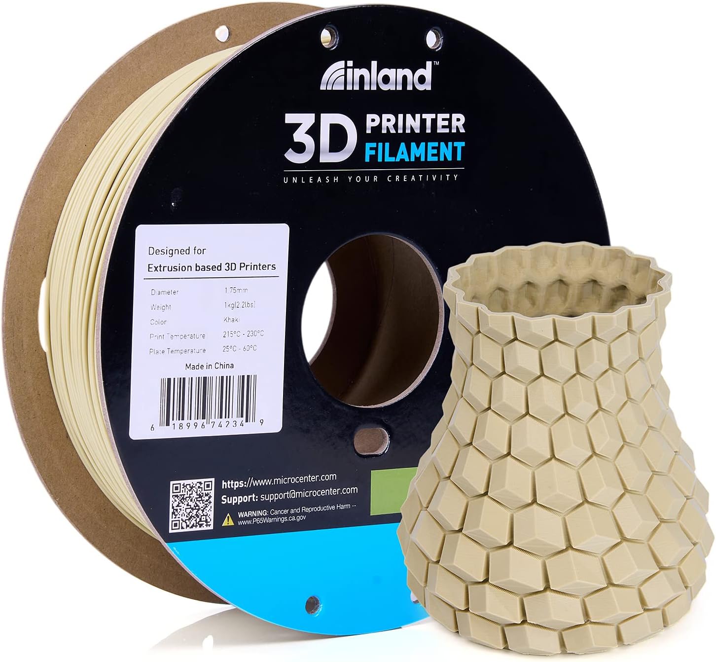 Inland PLA 3D Printer Filament 1.75mm - Dimensional Accuracy +/- 0.03mm - 1kg Cardboard Spool (2.2 lbs) – Fits Most FDM/FFF Printers – Odor Free, Clog Free Filaments - Khaki